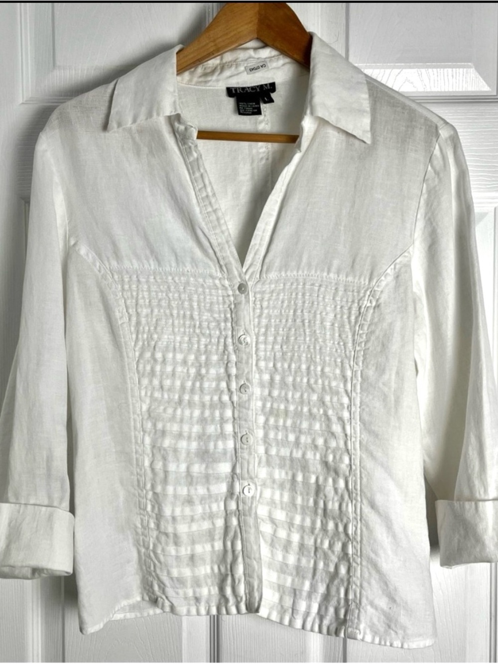 Tracy M 100% Linen White Pintuck Button Front Blouse • Size L